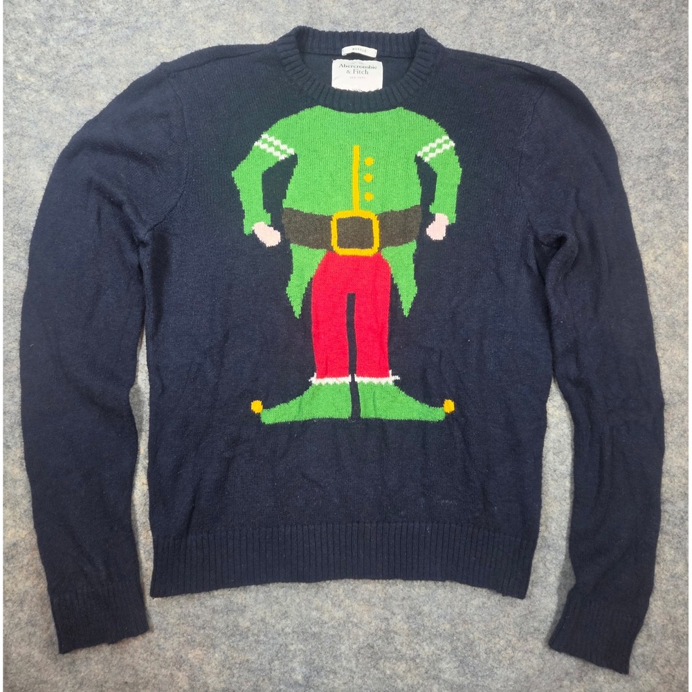 Abercrombie & Fitch Mens XXL Muscle Christmas Elf Sweater Navy Blue Holiday Knit